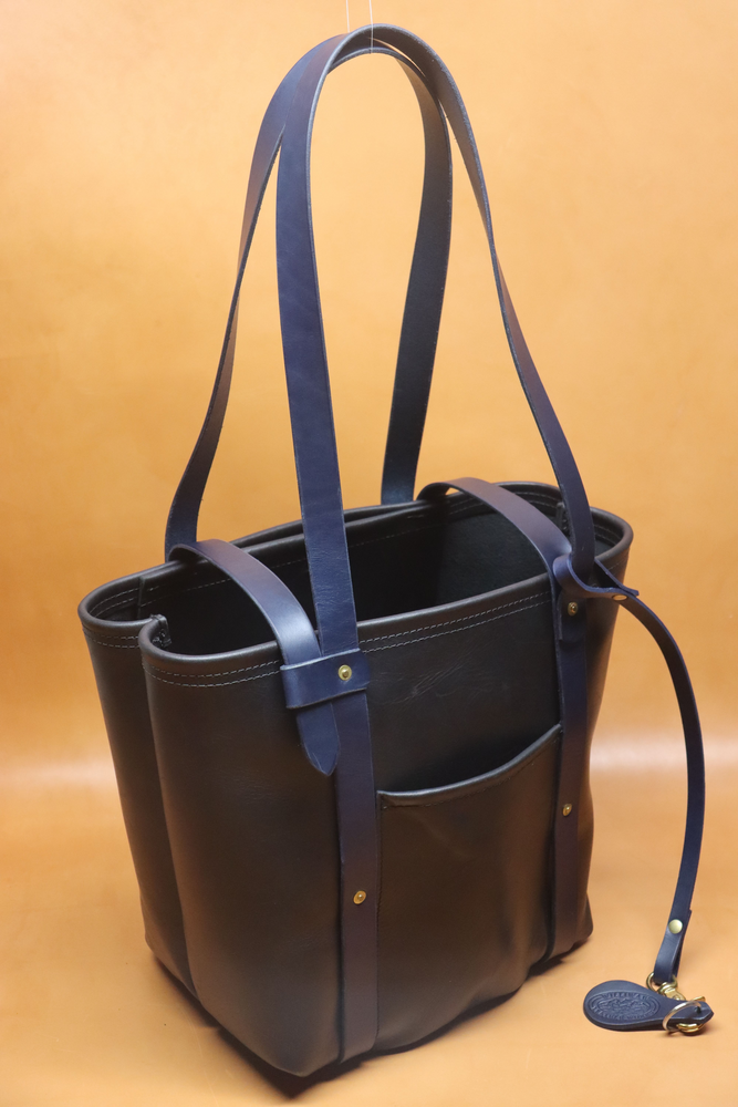 Leather Tote  Bag - Black Squall Series with Blue Strap (Handles) 806
