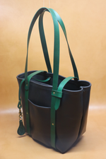 Leather Tote  Bag - Black Squall Series with Kelly Green Strap (Handles) 804