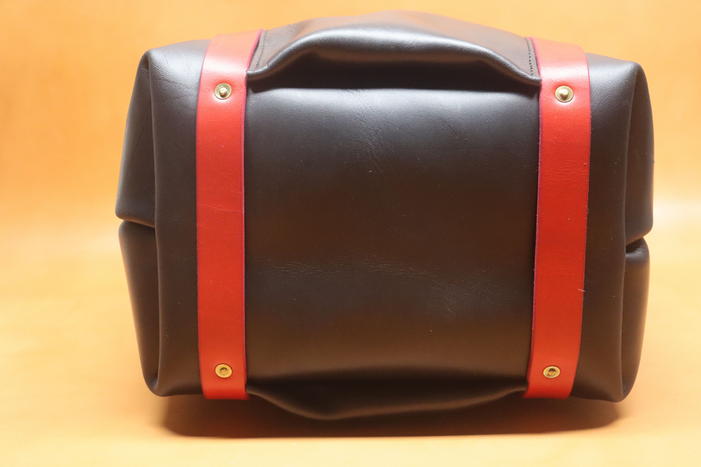 Leather Tote  Bag - Black Squall Series with Red Strap (Handles) 805
