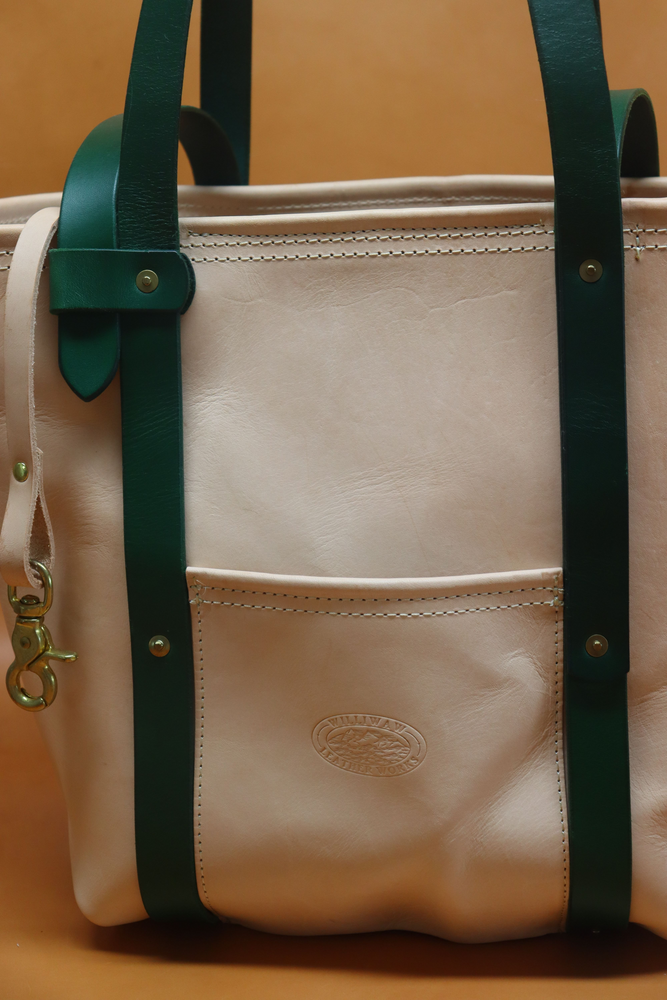 All Natural Veg Tan Leather Tote Bag with Green Bridle Strap (Handles) 116.2