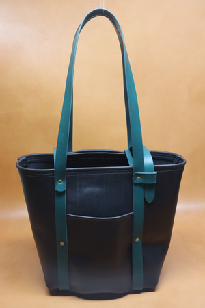 Leather Tote  Bag - Black Squall Series with Green Strap (Handles) 802