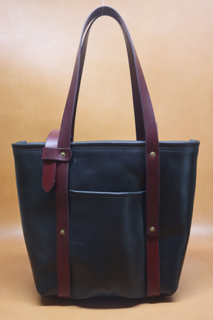 Leather Tote  Bag - Black Squall Series with Burgundy Strap (Handles) 801