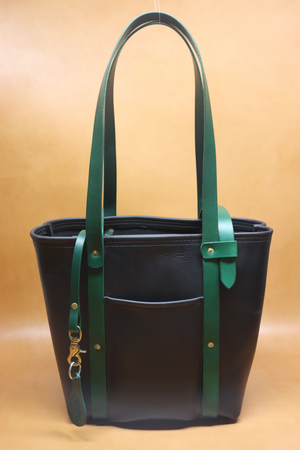 Leather Tote  Bag - Black Squall Series with Kelly Green Strap (Handles) 804
