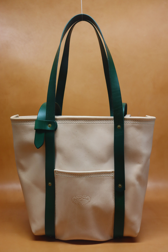 All Natural Veg Tan Leather Tote Bag with Green Bridle Strap (Handles) 116.2