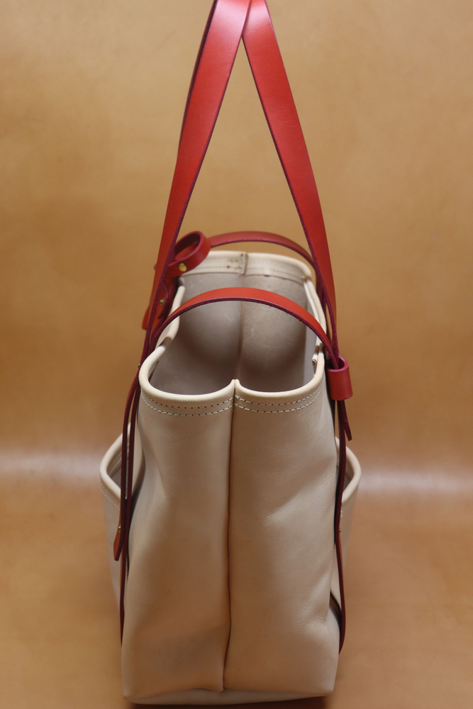 All Natural Veg Tan Leather Tote Bag with Red Bridle Strap (Handles) 117.1