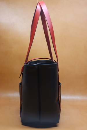 Leather Tote  Bag - Black Squall Series with Red Strap (Handles) 805