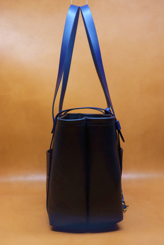 Leather Tote  Bag - Black Squall Series with Blue Strap (Handles) 806