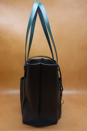 Leather Tote  Bag - Black Squall Series with Green Strap (Handles) 802