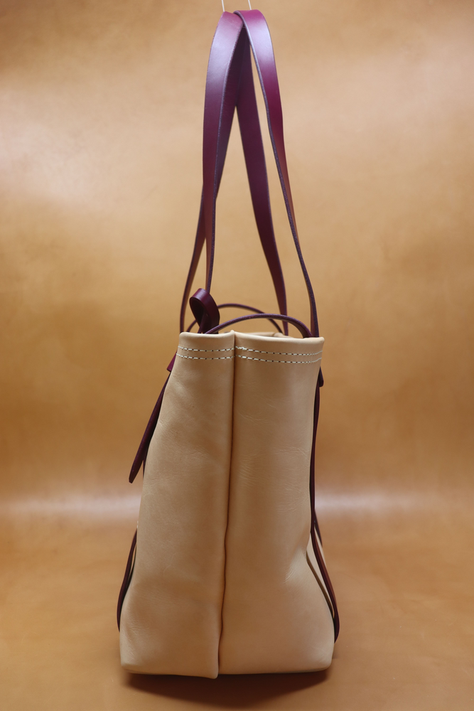 All Natural Veg Tan Leather Tote Bag with Purple Bridle Strap (Handles) 113