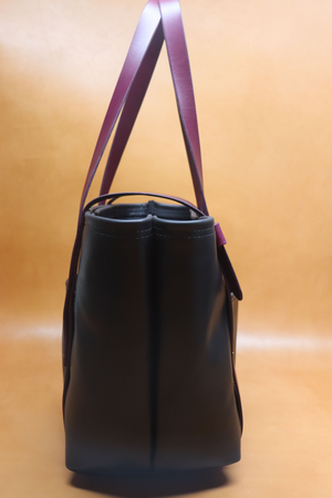 Leather Tote  Bag - Black Squall Series with Maroon Strap (Handles) 803