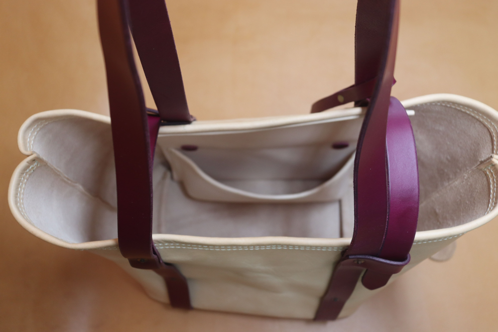 All Natural Veg Tan Leather Tote Bag with Purple Bridle Strap (Handles) 113