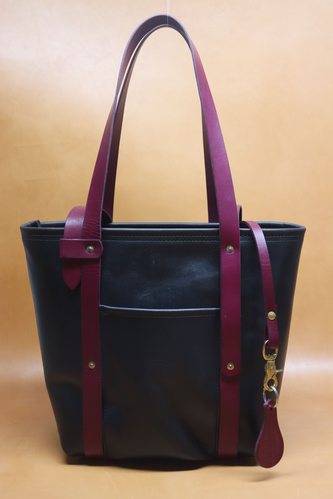 Leather Tote  Bag - Black Squall Series with Maroon Strap (Handles) 803
