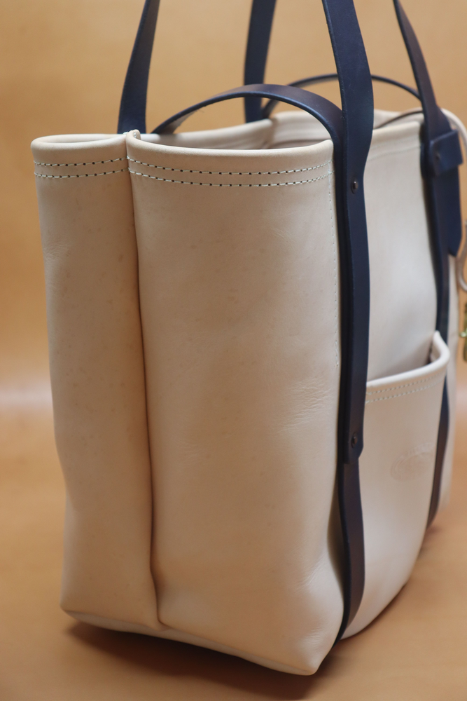 Natural Veg Tan Leather Tote Bag with Blue Bridle Straps (Handles) 115